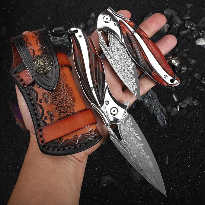 Handmade Japanese VG10 Damascus steel Folding Pocket Knife，With leather case，Liner Lock，3.1in high hardness blade，Wooden Handle，men's folding knife hiking trip EDC tool Knife