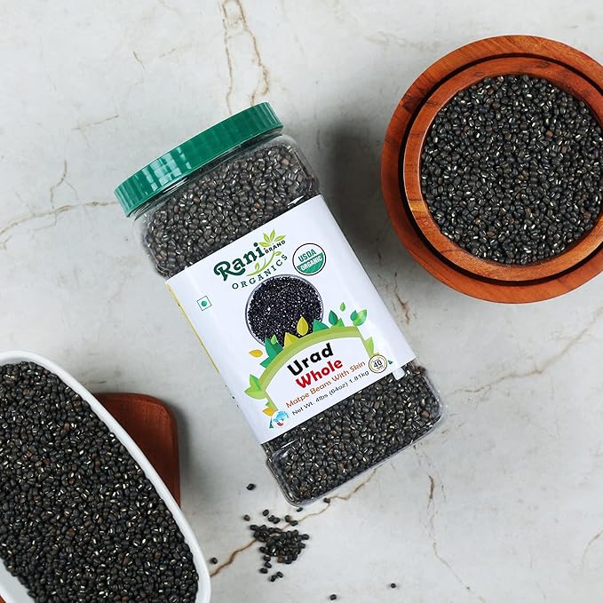 Rani Organic Urid/Urad Whole Black (Matpe Beans With Skin) Indian Lentils 64oz (4lbs) 1.81kg Bulk PET Jar ~ All Natural | Vegan | Gluten Friendly | NON-GMO | Indian Origin | USDA Certified Organic