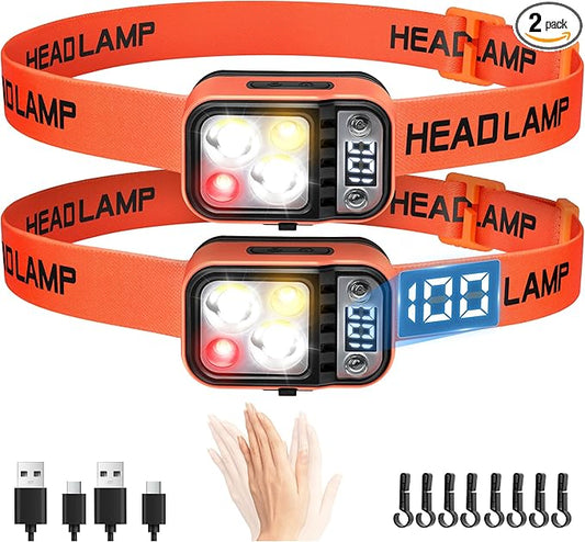 DARKBEAM LED Headlamp High Lumens USB Rechargeable Dual Light Headlight for Hardhat with Motion Sensor, Digital Power Display, Up/Down Adjustable, Waterproof Head Lamps for Camping, Repairs, 2 Pack