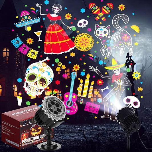 Day of The Dead Projector Lights Outdoor LED Projector Cat Skeleton on Dynamic Waterproof Outdoor Indoor Day of The Dead Projection Patterns Spotlight for Landscape Garden Yard Patio Party