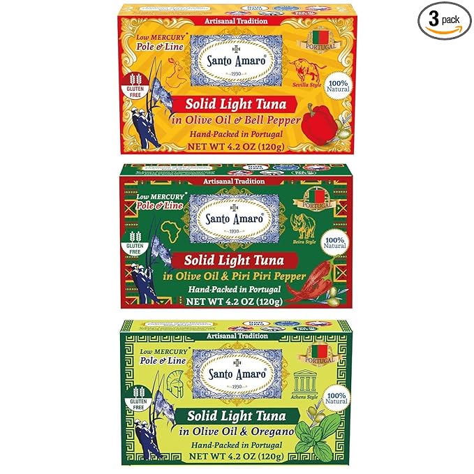 Explorer 3 Flavor Variety Pk Gourmet Wild Pole & Line Tuna Fillets in Olive Oil (3 Pk, 120g Ea) Bell Pepper, Natural Oregano, Spicy Piri Piri - Natural - Hand-Packed Fresh in PORTUGAL - Keto - Paleo