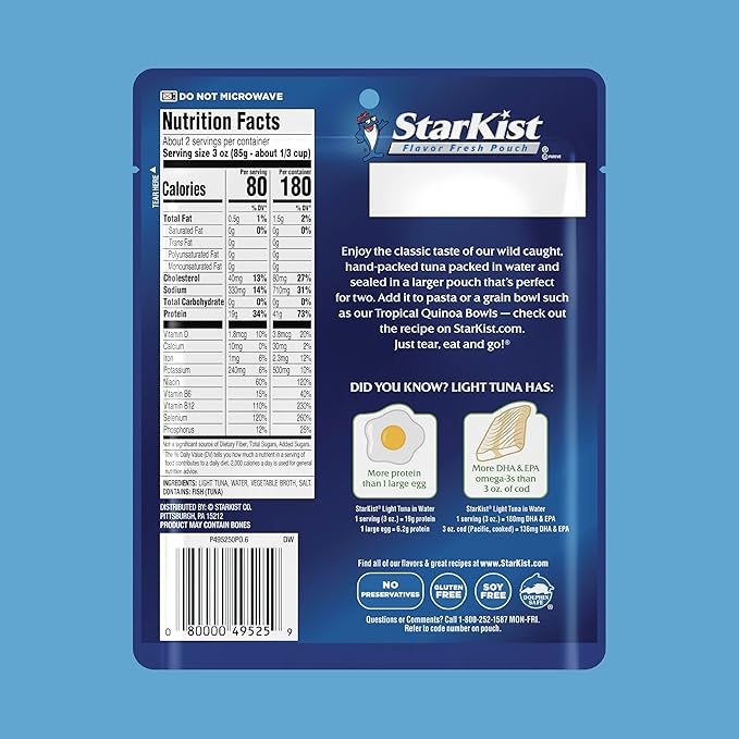 StarKist Chunk Light Tuna in Water, 6.4 oz Pouch (12 Pack) Ready to Eat Wild Caught Tuna, 19g Protein Per Serving, 80 Calories Per Serving, Gluten Free, Soy Free, Kosher, Perfect for Meals and Snacks