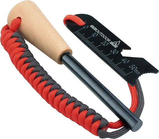 Ferro Rod Flint Fire Starter Kit with Handcrafted Wood Handle |5/16"- 3/8" Thick 12000-15000 Strikes |Survival Flint and Steel Rods with Multi-Tool Striker and Paracord Lanyard for Camping