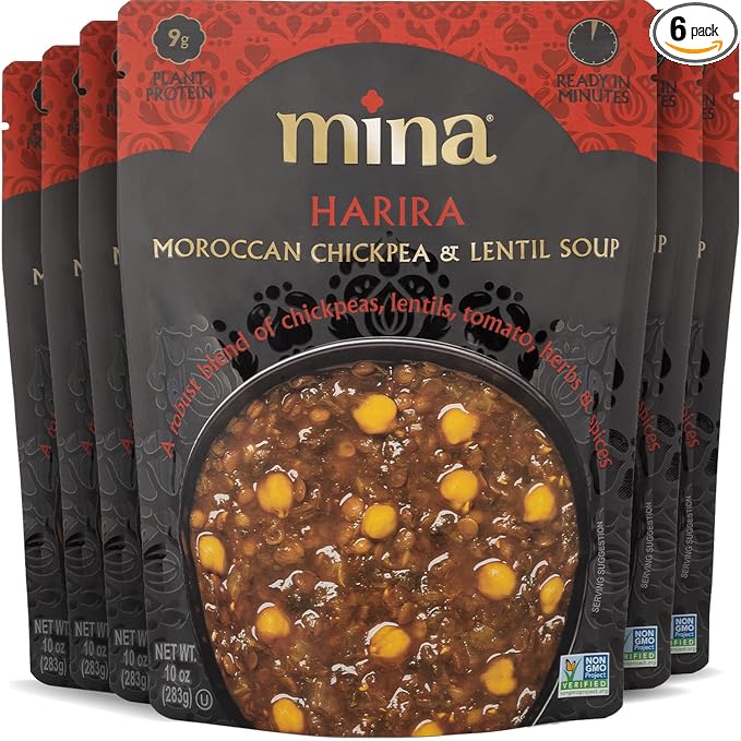 Mina Harira, Moroccan Chickpea & Lentil Soup, Ready to Eat Meals,10 oz Gluten Free Soup, High In Plant Based Protein, Microwavable Soup, Vegan, Non-GMO, Packaged Meals & Side Dishes (Pack of 6)