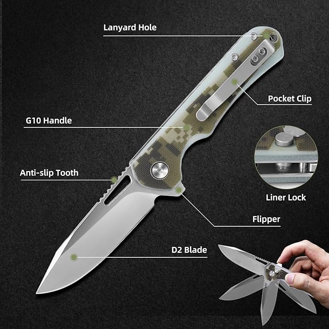 ZENG Folding Pocket Knife, 3.15" D2 Steel Blade Pocket knives, G10 Handle Small EDC Knife, Liner Lock knife, Pocket Knife with Clip for Men Women, Sharp Pocket knives for Camping Hiking Hunting (Camo)