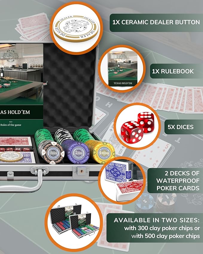 Bullets Poker Set ??Complete Chip Set with Case, Playing Cards, Dices, and Travel Case ??Professional for Texas Hold'em, Blackjack, Poker Games, and Casino Chips, 300 Clay 'Tony' Chips.