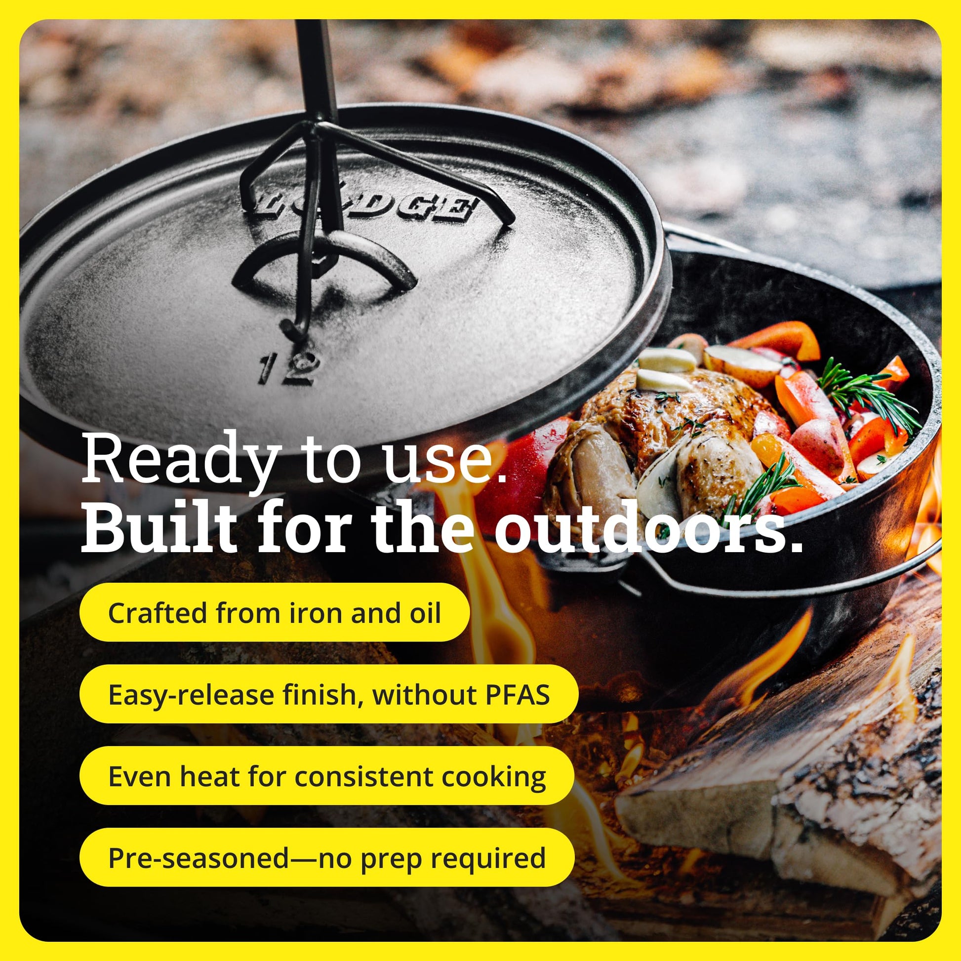 Lodge Seasoned Cast Iron Camp Dutch Oven with Lid - 6 Quart - Dual Handles - Seasoned Cast Iron