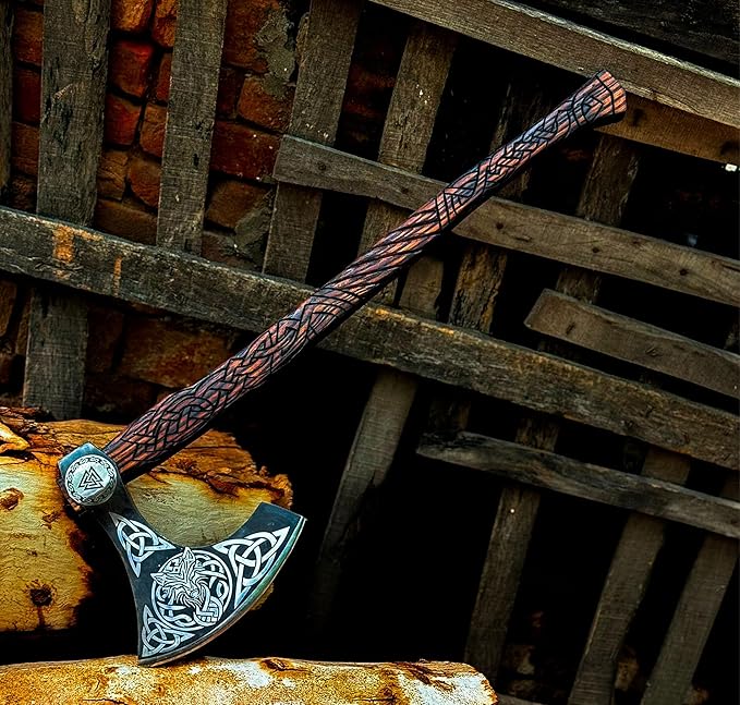 [MDM King Tools] Custom Handmade Viking Axe Medieval Ax with Viking Gift, Hand Axes, Viking Gifts for Men, Camping Tomahawk, Bearded, Ragnar Axe with Leather Sheath (Viking Ax)
