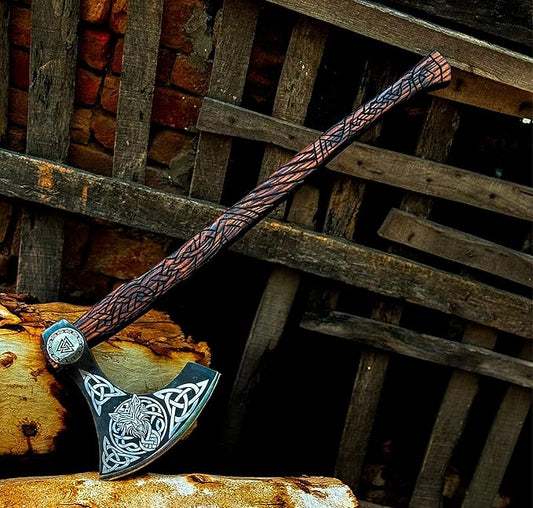 [MDM King Tools] Custom Handmade Viking Axe Medieval Ax with Viking Gift, Hand Axes, Viking Gifts for Men, Camping Tomahawk, Bearded, Ragnar Axe with Leather Sheath (Viking Ax)