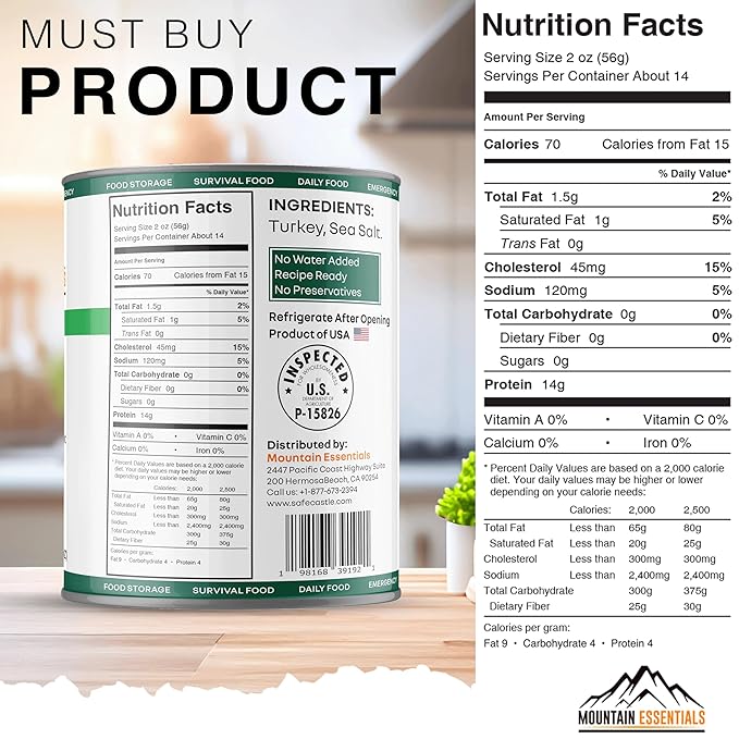 MOUNTAIN ESSENTIALS All Natural Canned Turkey 28 Oz – Fully Cooked, Ready to Eat White Meat – Pantry Staple for Daily Meals, Emergency, Survival & Camping – 5-Year Shelf Life – Made in USA – 12 Pack