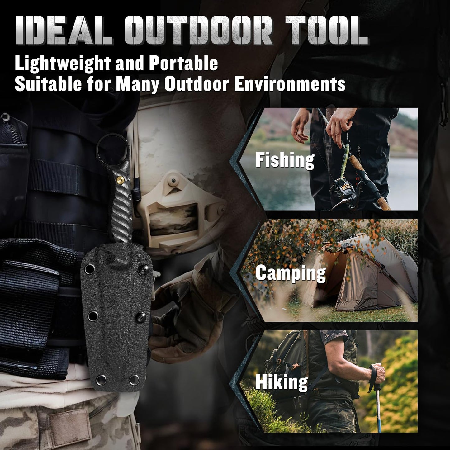 DRGSKL Tanto Fixed Blade Knife - Camping Knife with Sheath - Black