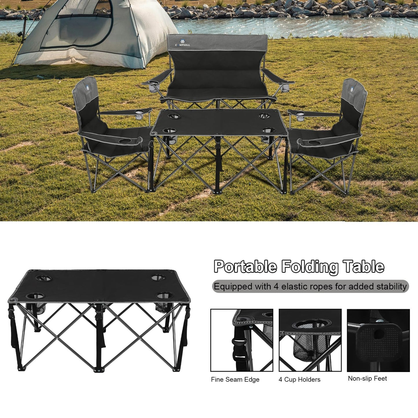 CAMPHILL Camping Chair Set of 4 - Outdoor Folding Chairs With Table, Heavy Duty Lawn Chair With Cup