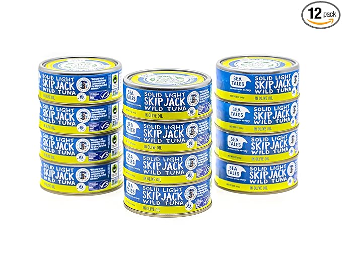 Sea Tales Solid Light Skipjack Canned Tuna in Olive Oil - 100% Pole & Line Wild Sustainably Caught - Fair Trade Certified - High Protein Food - Keto Friendly - 5 oz. Cans (Pack of 12)