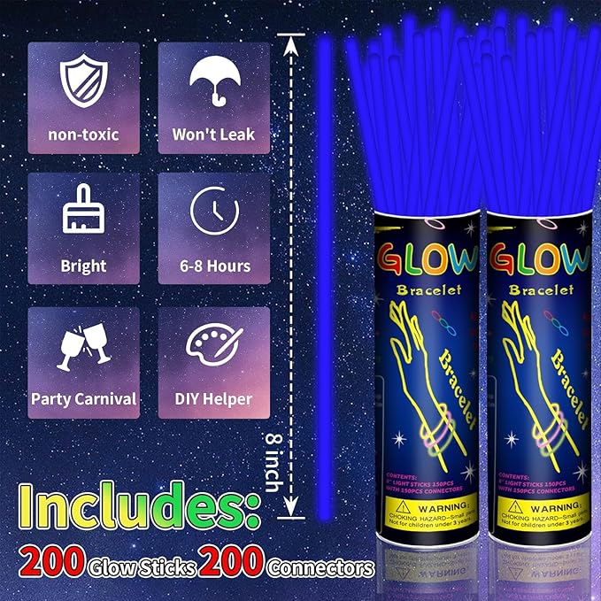 200 Pack 8'' Glow Sticks Bulk Party Favors Blue Light Up Sticks with Connectors Neon Glow in the Dark Party Supplies Bracelets for Holiday Birthday Party Decoration(Blue)