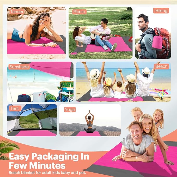 EASYFUN Beach Blanket Sandproof Oversized, 79''×83'' Extra Large Beach Mat, Portable Picnic Mat for Travel Camping Hiking, Lightweight Beach Essentials Family Water Resistant Mat Nylon 210T