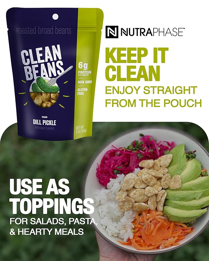 Clean Beans Broad Fava Beans Snack - Dill Pickle Flavor, 6g Protein, Low Sugar, Non-GMO, Non-Gluten - On The Go Office Snack - Nutraphase, 85g x 6-Count