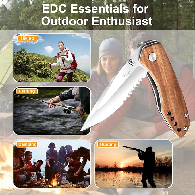 Vickay Folding Pocket Knife for Men & Women, 2.95" 8Cr13MoV Half-Serrated Steel Blade, Wood Hanlde EDC Knife with Clip, Liner Lock Knife for Camping, Hunting, Tactical, Survival and Father's Day Gift