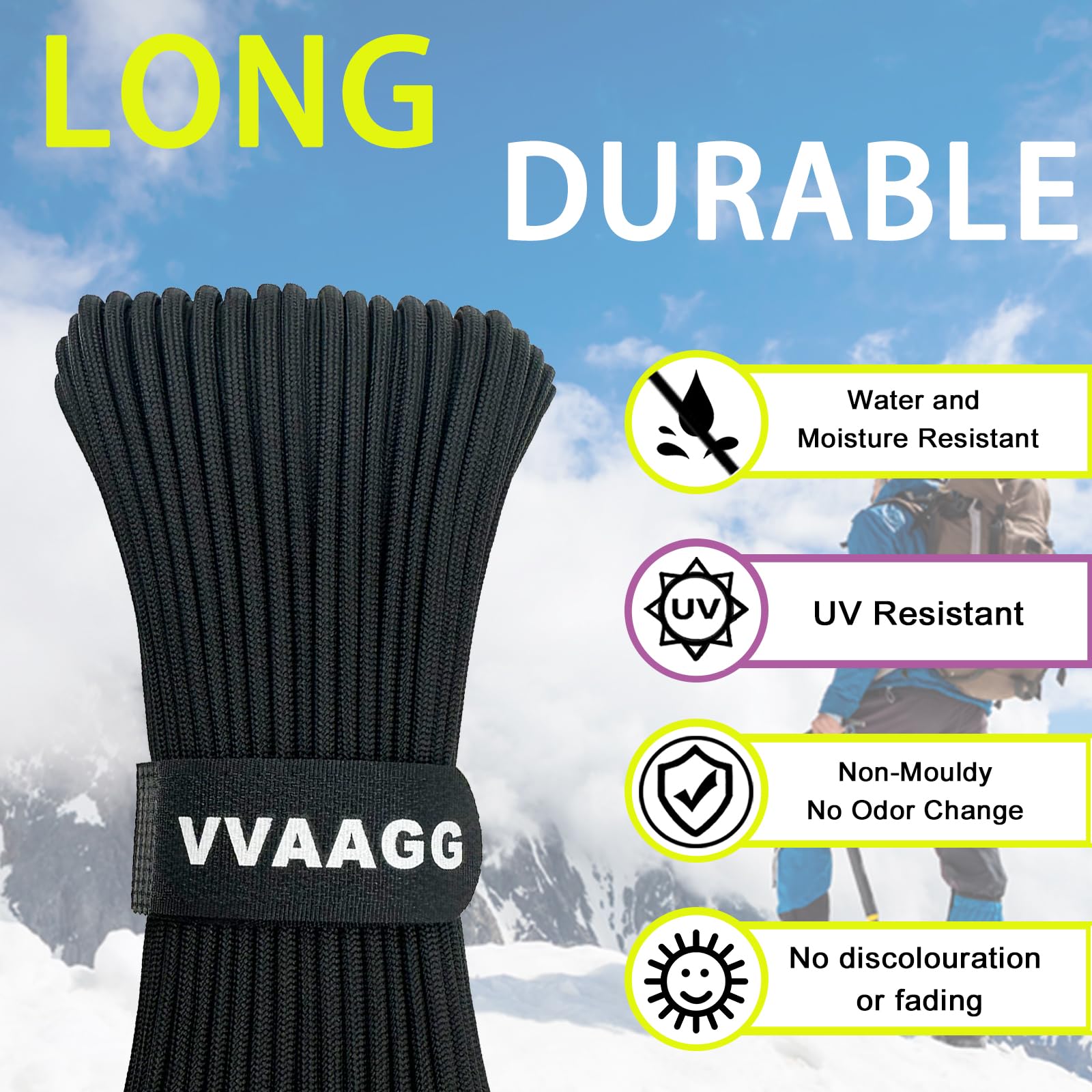 VVAAGG 1000 Black Paracord Rope 100FT Utility Nylon Heavy Duty 12 Strand Parachute Cord for