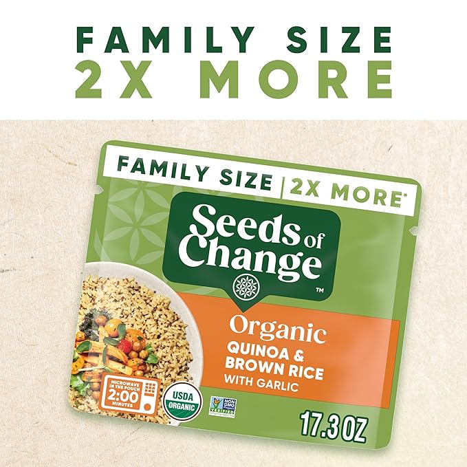 SEEDS OF CHANGE Organic Quinoa & Brown Rice with Garlic Family Size, Organic Food, 17.3 oz Pouch (Pack of 6)
