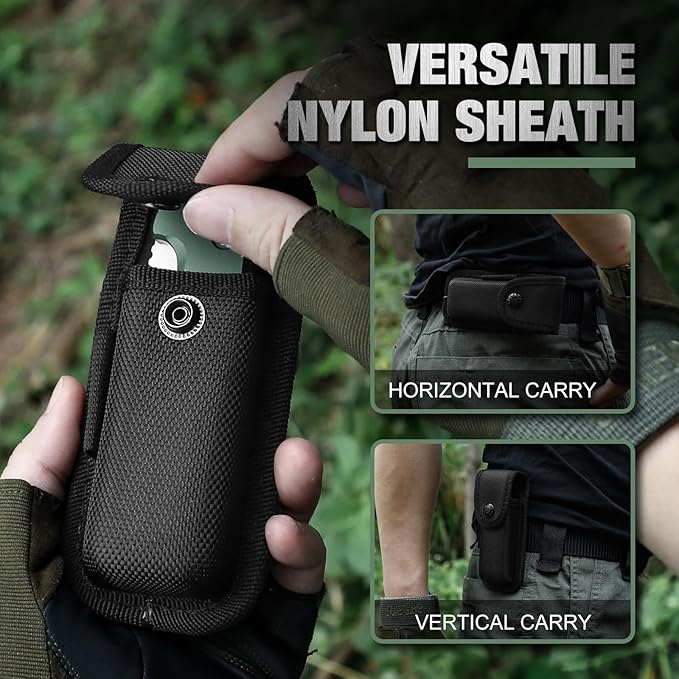 B-FENG 8.22" Button Lock Pocket Knife for Men, 3.42" D2 Blade Folding Knife with Clip and Sheath, EDC Tactical Knife, Gift for Men, Green