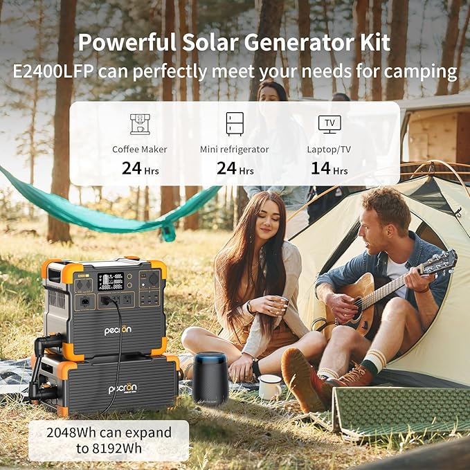 Pecron Portable Solar Power Station E2400LFP with 3072Wh Extra Battery, 300W Solar Panel*2, 2048Wh 2400W Solar Generator for RV, Camping, Home Use, CPAP, Travel, Compact Battery Backup Set