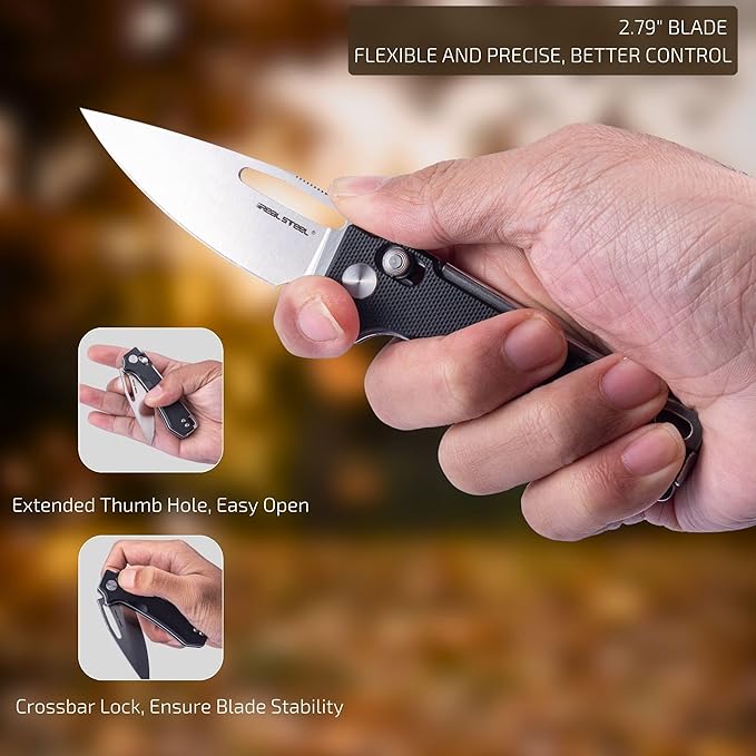 REALSTEEL VIS Pocket Knife, Folding Knife, Crossbar Lock, 2.72" Small 12C27 Steel PVD Black Blade, Thumb Hole, G10 Handle, 1.94oz, Pocket Clip, Versatile Outdoor Indoor EDC Knife, Gifts for Men Women Camping Hiking Fishing Climbing (White G10/Black)