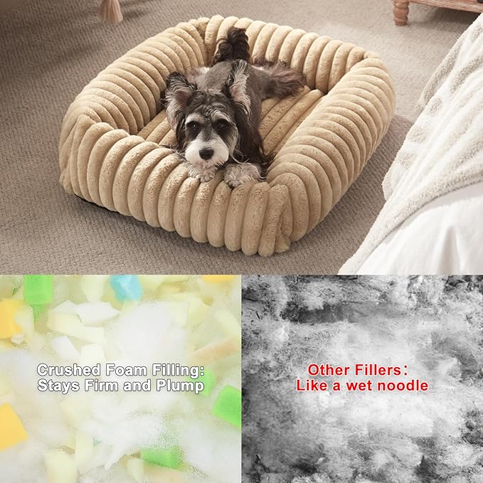 Dog Beds for Small Dogs, Washable Orthopedic Dog Bed with Removable Cover, Rectangle Soft Calming Sleeping Puppy Bed Durable Pet Cuddler with Anti-Slip Bottom, 20"x19"x6" Beige