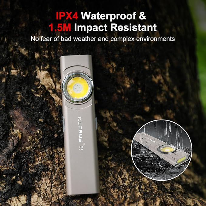 klarus E5 Pocket Flashlight, Rechargeable EDC Flashlight, Super Slim 4.2x1x0.3inch, 600 Lumens, USB-C Port, IPX4, Dual Light Source with Magnetic Base, Hat & Clothes Clip - Grey