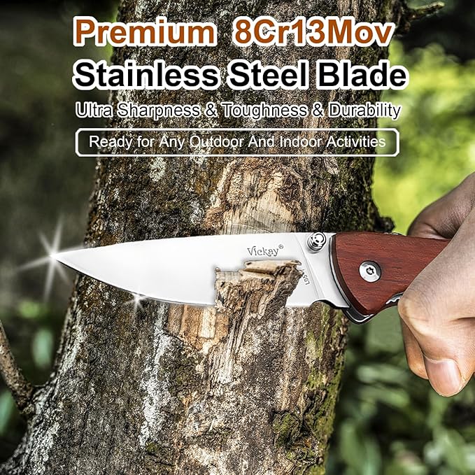 Vickay Pocket Knife for Men, Folding Knife with Clip, 3.74" 8Cr13MoV Steel Blade, Wood Handle EDC Knife for Outdoor Capmping, Tactical, Hunting and Fishing Gift