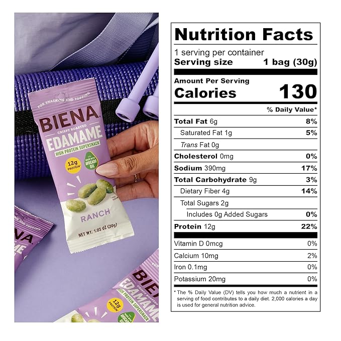 Biena Crispy Roasted Edamame Beans Snack ??High Protein Low Carb Snack for Adults & Kids, 12g Protein per Serving - Made w/Avocado Oil ??Vegan, Gluten-Free ??10-Pack, 1.05oz Bags, Ranch