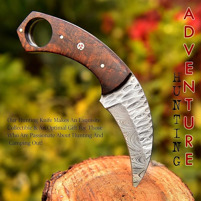 Crafted Folding Design Damascus steal Hunting Knife - Fixed Blade knife Rosewood Handle with Leather Sheath - Ideal for Skinning Camping Outdoors
