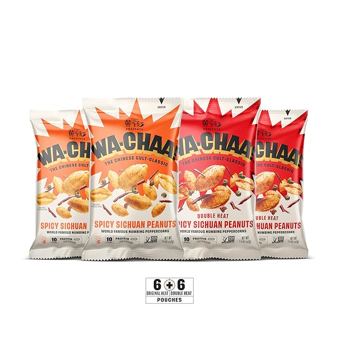 WA-CHAA! Variety Pack Spicy Sichuan Peanuts, Numbing Mala Peppercorns, Toasted Chili Flakes, Protein-Packed, Party Snacks, Non-GMO, On-The-Go Travel Size 1.5 Oz 12 pack (6 Original Heat + 6 Double Heat)