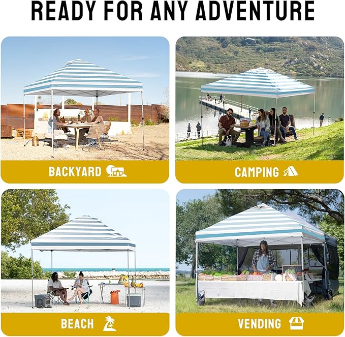 CROWN SHADES 10x10 Pop Up Canopy - Beach Tent with One Push Setup - Easy Outdoor Sun Shade for Events, Parties, Camping - Gazebo with STO-N-Go Cover Bag, Silver Coated Top, Cyan Blue Stripes