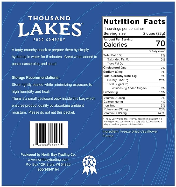 Thousand Lakes Freeze Dried Vegetables - Cauliflower Florets and Stems 2-pack 0.8 ounces (1.6 ounces total) | No Salt Added