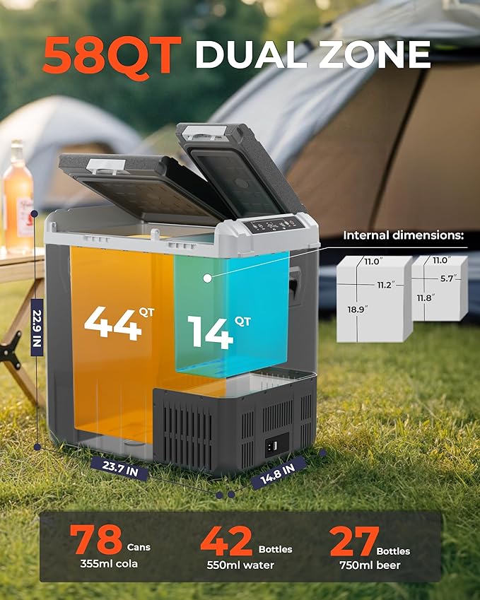 12 Volt Car Refrigerator, 58QT(55L) Electric Cooler, Dual Zone Portable Freezer with 12/24V DC & 100-240V AC, -4℉-68℉, Car Fridge for Truck Camping Travel RV Road Trips