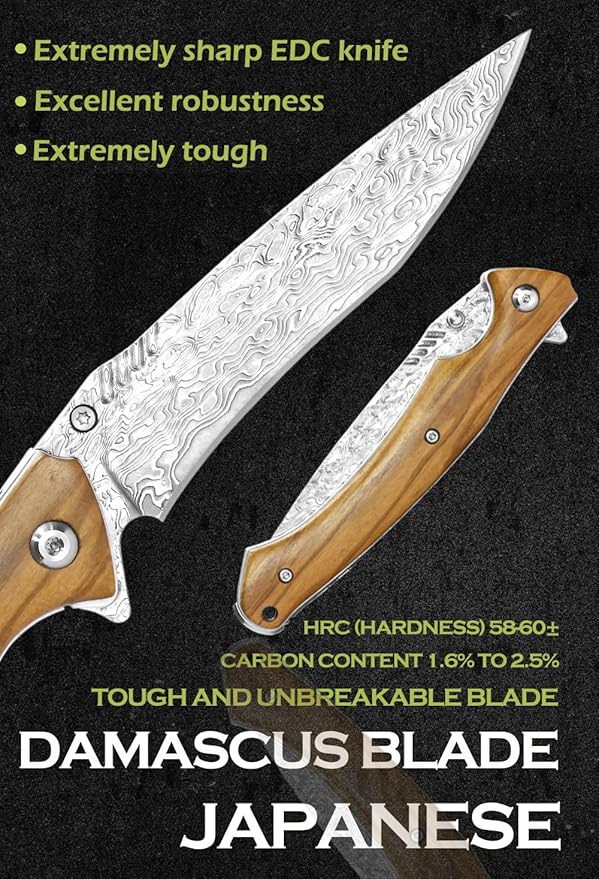 YOUSUNLONG Folding Knives Overall 210mm Pocket Knife - Hammered Damascus Steel Blade - Natural Italian Olive Wood Cover