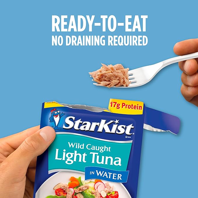 StarKist Chunk Light Tuna in Water, 2.6 oz Pouch (12 Pack) Ready to Eat Wild Caught Tuna, 17g Protein, 70 Calories Per Serving, Gluten Free, Soy Free, Kosher, Perfect for Salads, Keto Meals and Snacks