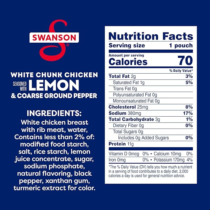 Swanson Lemon and Coarse Ground Pepper White Chunk Fully Cooked Chicken, Ready to Eat, Simple On-the-Go Meals, 2.6 oz Pouch