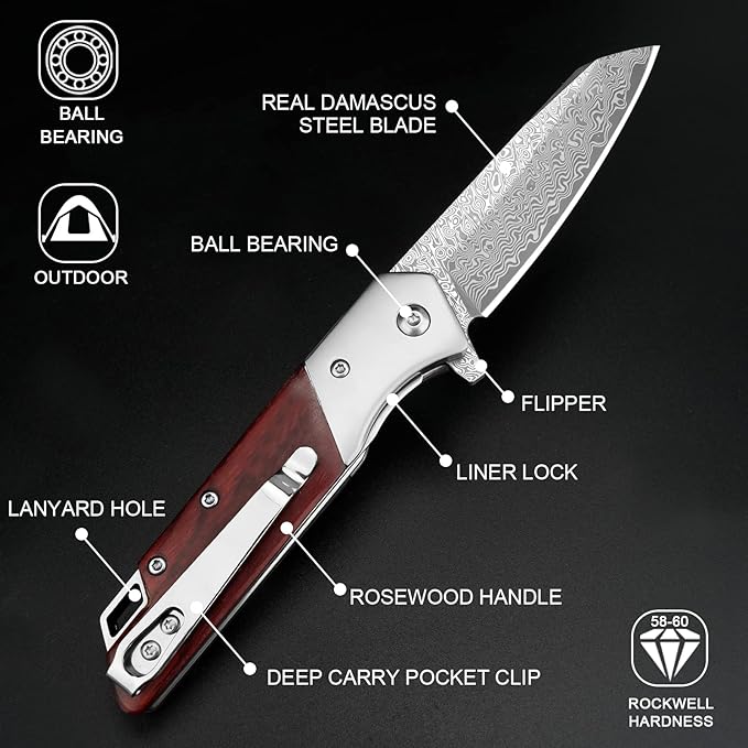 KOMWERO Damascus Pocket Knife with Clip Leather Sheath, 3.14 inch Sharp Damascus Steel Knife with Rosewood Handle, EDC Damascus Folding Knife for Men Women Camping Collection