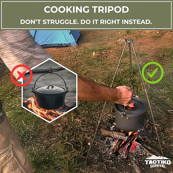Tactiko Survival Campfire Cooking Tripod ??33" Stainless Steel Folding Stand with Adjustable Chain ??Compact & Lightweight Outdoor Gear for Hanging Kettles, Pots & Percolators ??Carry Bag Included