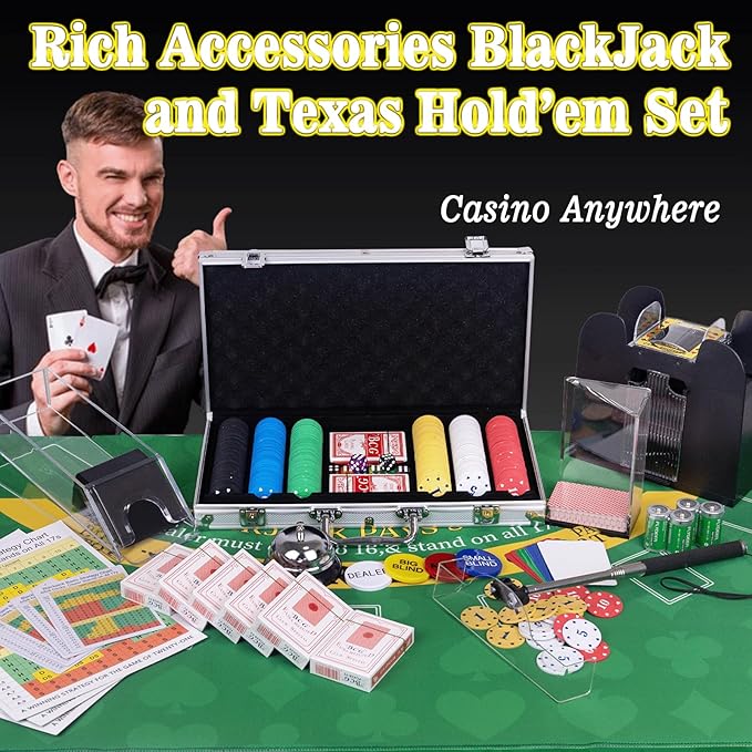 5 in 1 Super Casino Game Set: Blackjack/Texas Hold'em/Roulette/Craps/Poker Kit, 10" Wooden Roulette Wheel, Carrying Case with 360 Plastic Chips, 6 Deck Shuffler, 2 Double-Sided Rubber Mat And More
