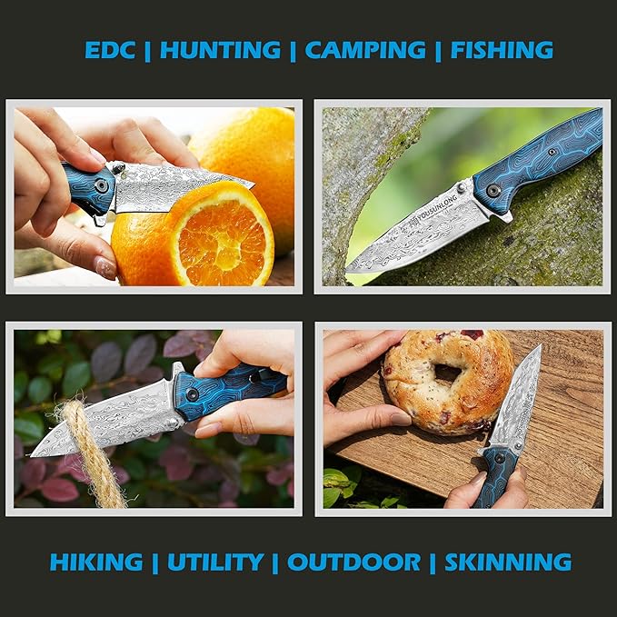 YOUSUNLONG Folding Knife - Hammered Damascus Steel Blade - Blue Damascus texture G10 Cover