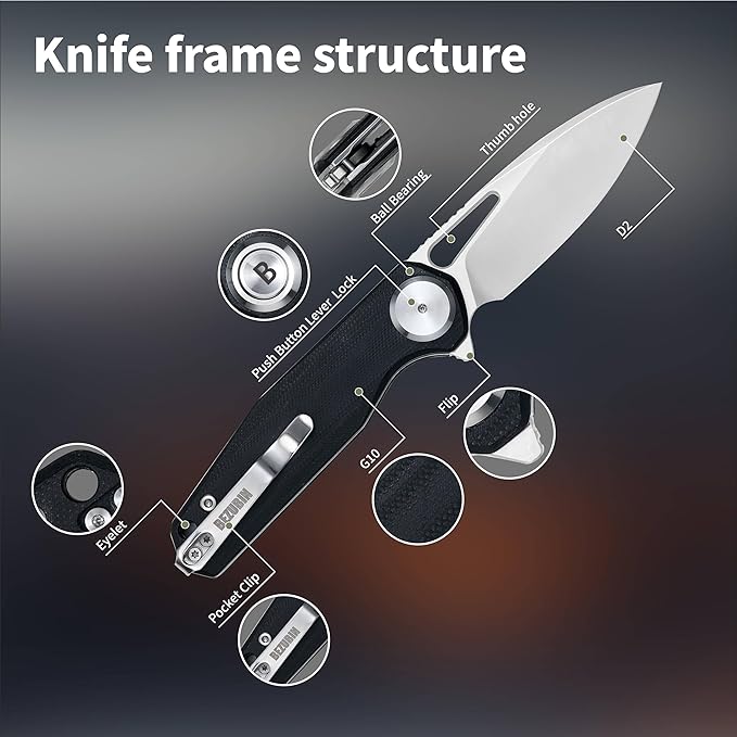 Pocket Folding Knife,3.15" D2 Steel Blade,Black G10 Handle,Push Button Lever Lock,Pocket Knife with Pocket Clip for Outdoor,Survival,EDC