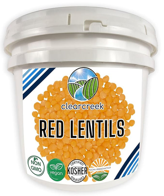 CLEAR CREEK Certified Glyphosate Residue Free Red Lentils | 25 lbs Bucket | Non-GMO | Kosher | Vegan | Non-Irradiated (Will Sprout) | Emergency Food
