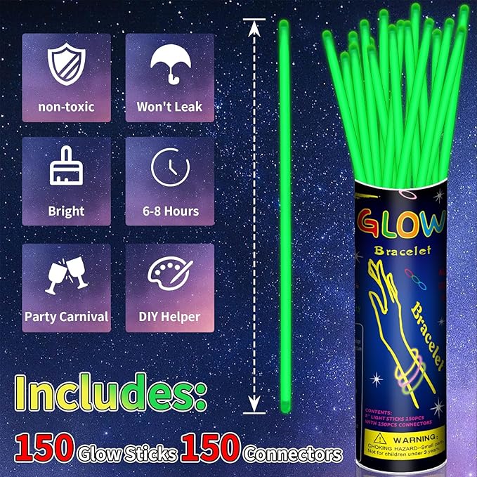 150 Pack 8??Green Glow Sticks Bulk with 150 Connectors Neon Glow In The Dark Party favors Supplies for Holiday Birthday Party Decoration (Green)