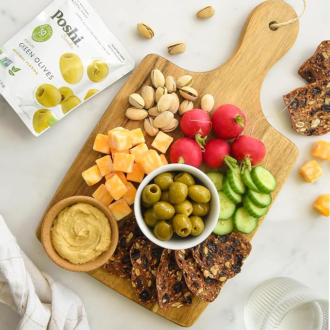 Poshi Green Olives On-The-Go - Original Flavor - Single Serve Pitted Olives - Convenient and Healthy Snack Packs - All Natural, Non-GMO, Kosher, Gluten-Free - 1.1 Oz Bags (10/Pack)