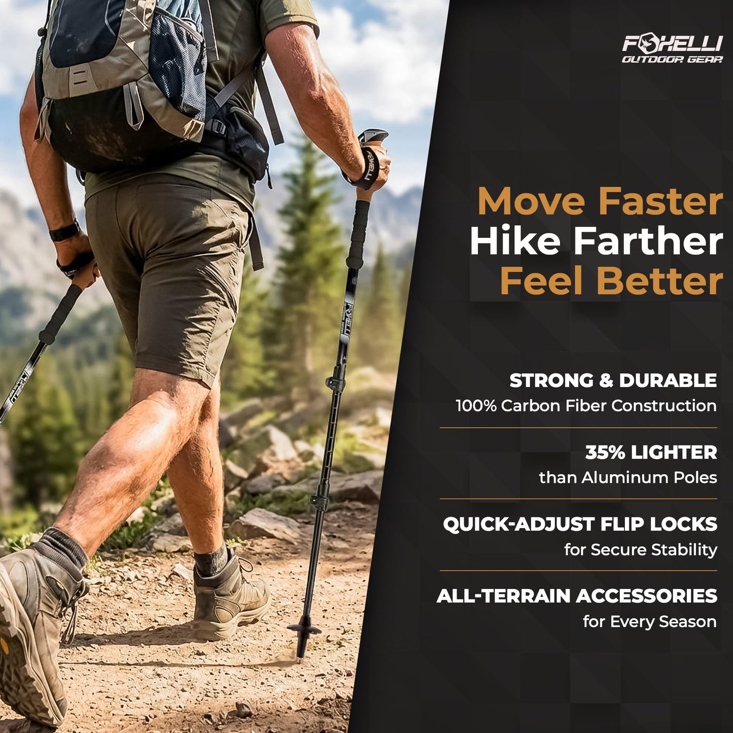 Foxelli Carbon Fiber Trekking Poles – Lightweight Collapsible Hiking Poles with Cork Grips, Quick