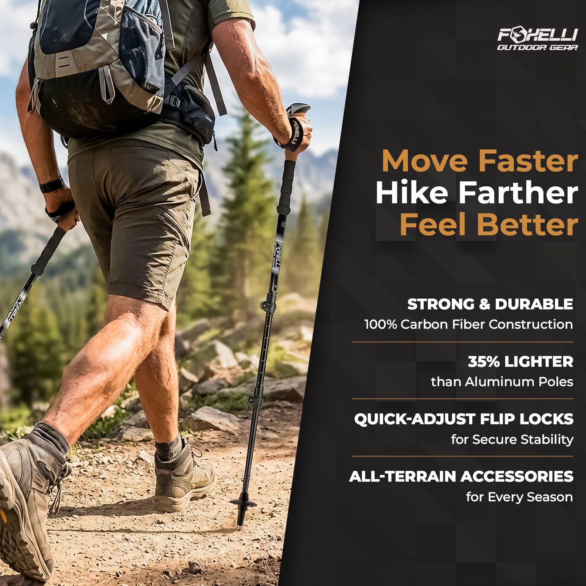 Foxelli Carbon Fiber Trekking Poles – Lightweight Collapsible Hiking Poles with Cork Grips, Quick