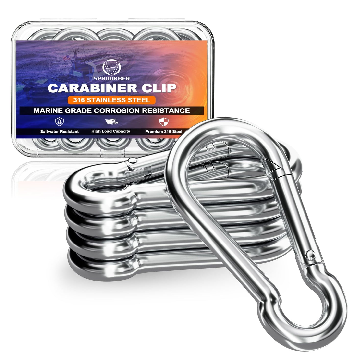 sprookber 316 Stainless Steel Marine Grade 2.36Inch Carabiner Clips, 5 Pack