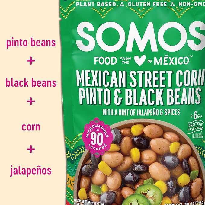 SOMOS Mexican Street Corn Pinto & Black Beans | Gluten Free, Non-GMO, Vegan Ready-to-Eat Microwavable Meals - Healthy & Plant Based Convenience - Perfect for Quick, Healthy Dining | 10oz (Pack of 6)